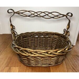 Vintage Woven Metal Basket Decorative Oval Twisted Handle Storage Home Decor
